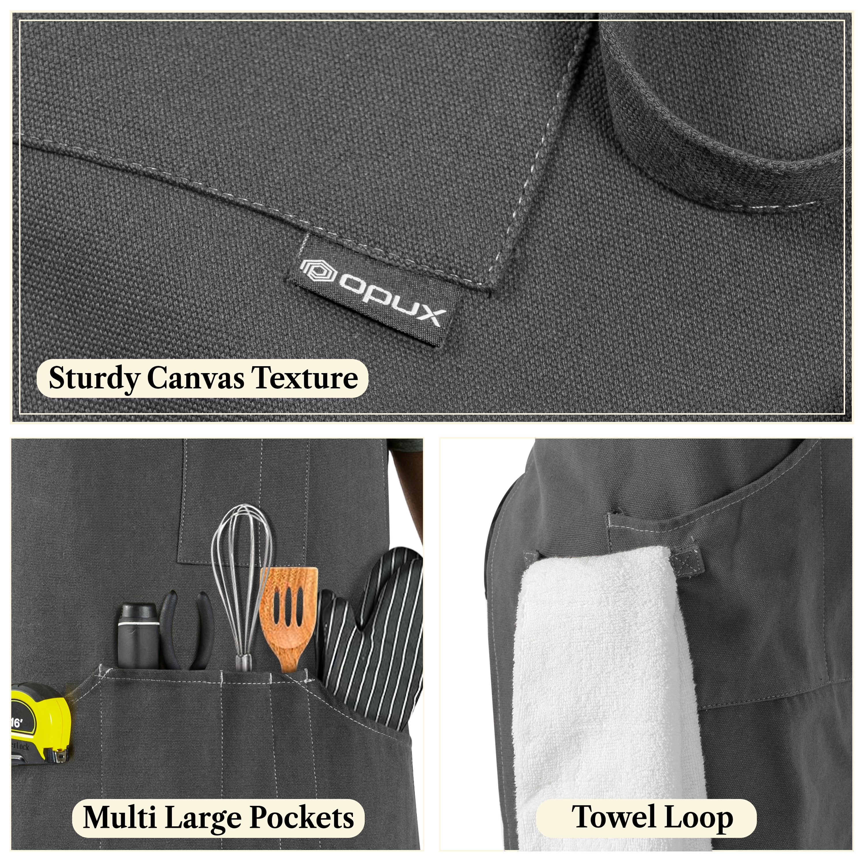 OPUX Chef Apron for Men, Canvas Apron with Pockets for Women, Large BBQ Apron for Kitchen Grilling Baking, Heavy Duty Work Apron with Adjustable Neck Strap for Barber Gardening, Grey