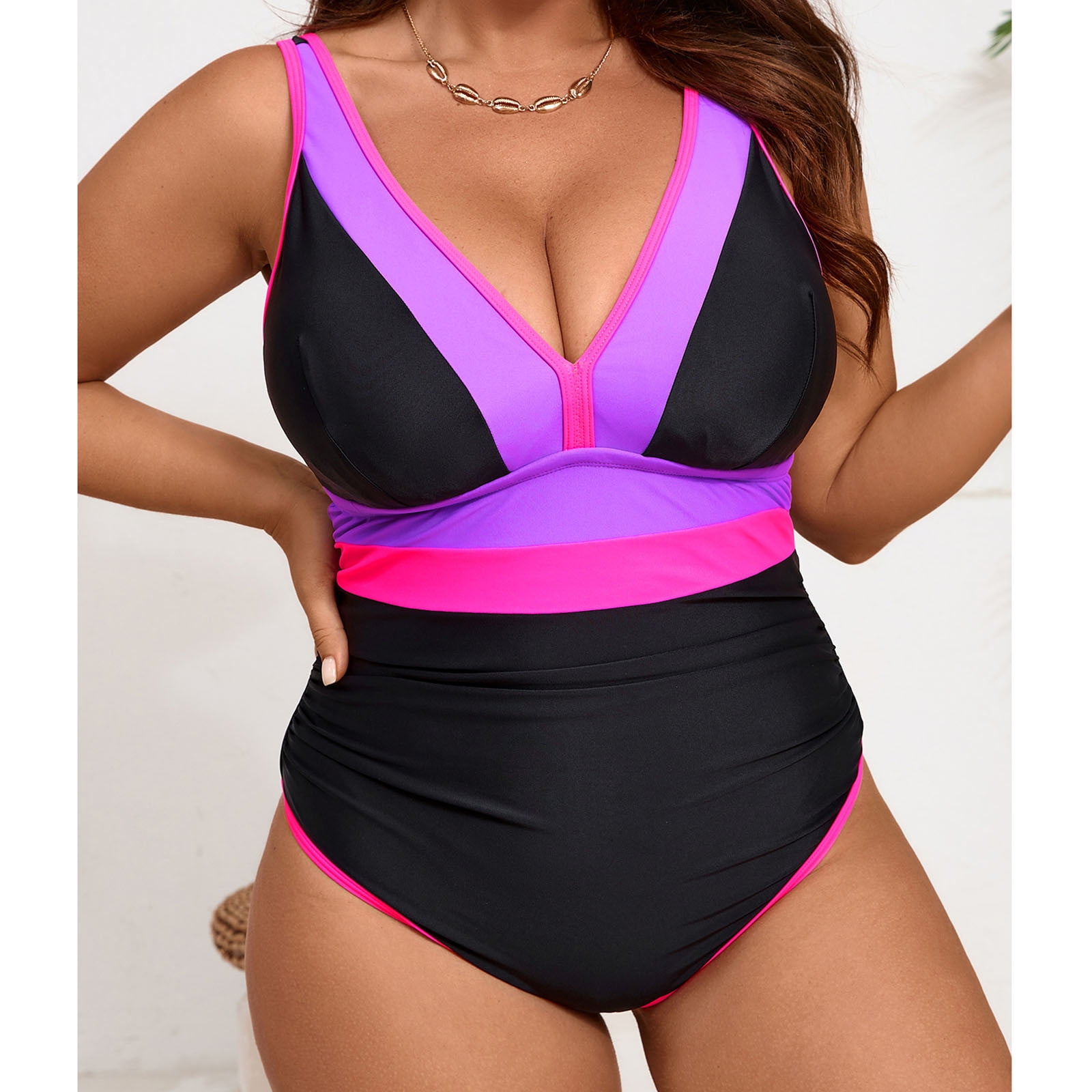 Ayolanni Plus Size Swim Suits for Women Tummy Control Neon Pink Colorblock High Cut Swimwear Swimsuit Tops for Women L