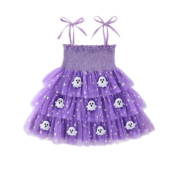 WIBACKER Toddler Baby Girl 3D Ghost Halloween Princess Dress Girls Spaghetti Strap Tiered Tulle Tutu Dresses Summer Mini Smocked Sundress 1-6Y