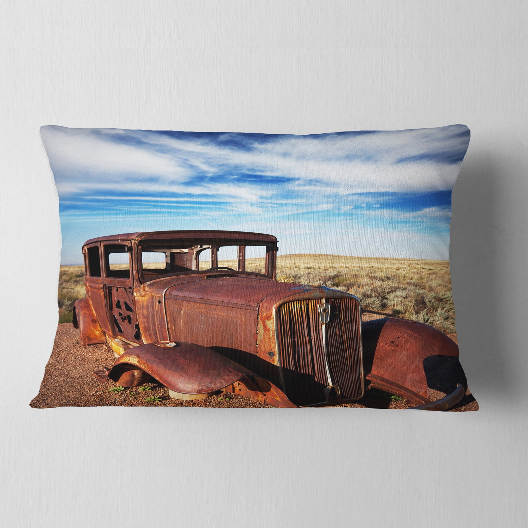 Designart Vintage Car under Bright Blue Sky - Abstract Throw Pillow - 12x20
