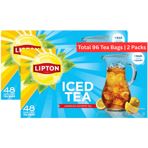 Lipton Family Size Black Tea Bags, Unsweetened Iced Tea, 48 Count per Box – Pack of 2, Caffeinated, Black Tea