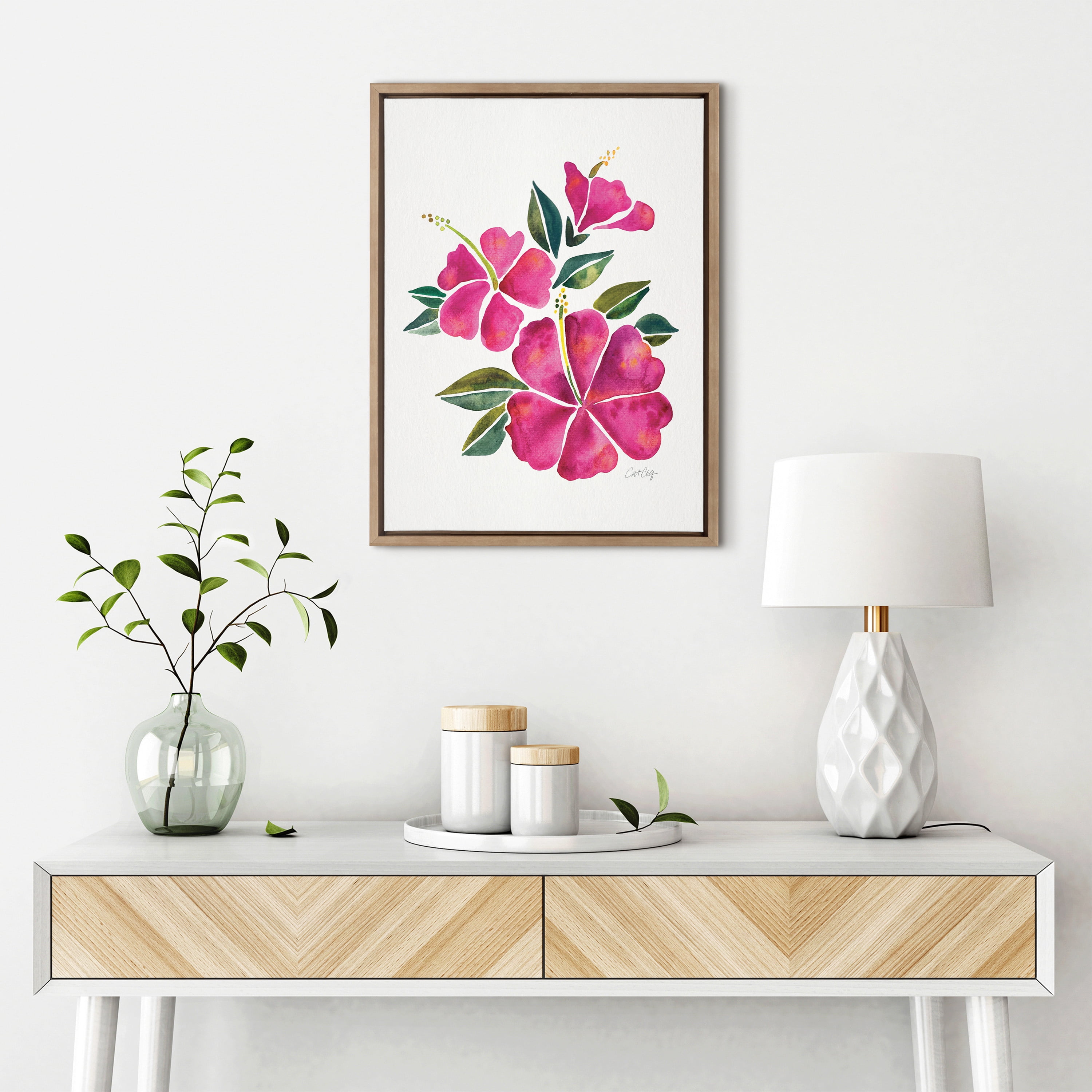 Kate and Laurel Sylvie Hibiscus Bloom Fuchsia Framed Canvas Wall Art by Cat Coquillette 18x24 Gold Tropical Floral Art for Wall