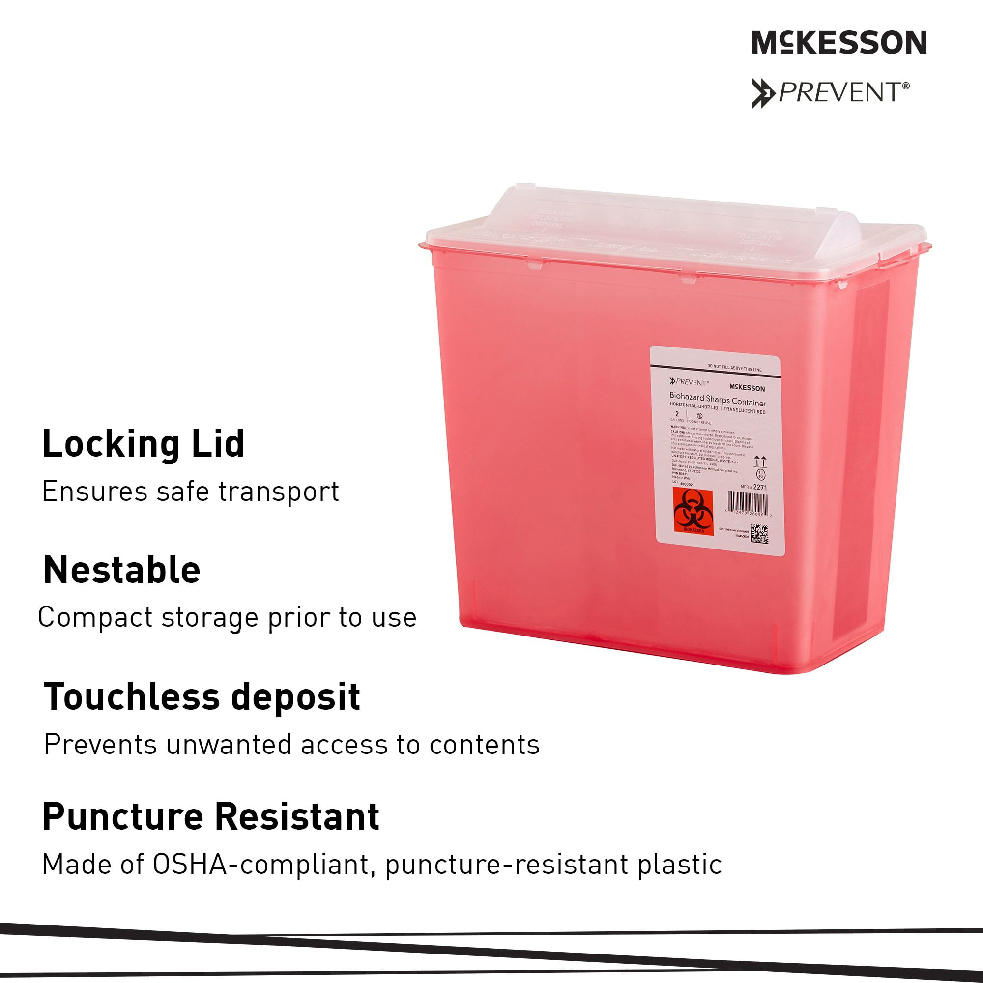 McKesson Prevent Biohazard Sharps Container, Plastic, 2 gal, 7 in x 10.2 in, 20 Ct