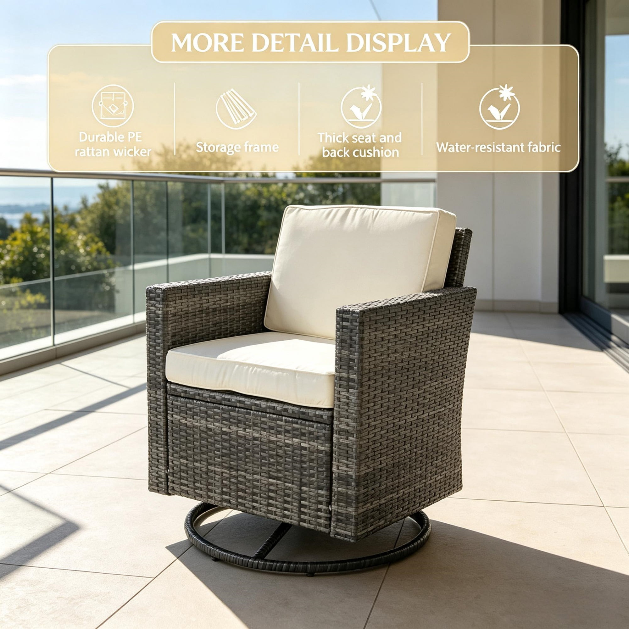 Outdoor Swivel Rocker, 360° Patio Glider Chair for Porch, Backyard, Deck, Cream White PE Wicker