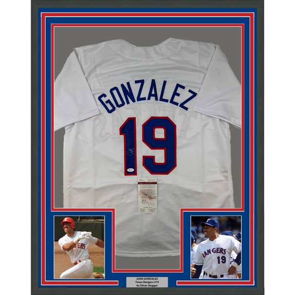 Framed Autographed/Signed Juan Gonzalez 35x39 Texas White Baseball Jersey JSA COA
