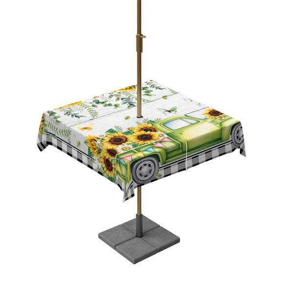 Outdoor Tablecloth with Umbrella Hole and Zipper, Sunflowers Square Table Cloth 60x60 Inch Waterproof Tablecloth, Spring Farmhouse Country Truck Leaf Wood Grain Picnic Table Cover for Patio Camping