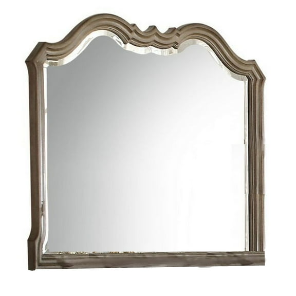 Wooden Molded Frame Mirror with Scalloped Design Top Taupe Brown - Saltoro Sherpi