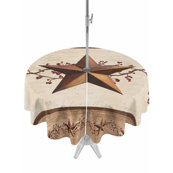Outdoor Tablecloth with Umbrella Hole and Zipper, Farmhouse Texas Star Brown Round Table Cloth 54 Inch Waterproof Tablecloth, Berry Vintage Wooden Picnic Table Cover for Patio Camping