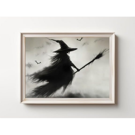 WestConfe Witch Flying on a Broomstick Print Vintage Halloween Wall Art Witchy Decor Wall Art Dark Academia Room Decor