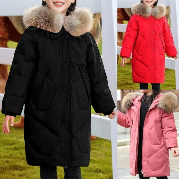 MKOSPLRT Girls Winter Parka Jacket Long Hooded Puffer Coat Padded Warm Windbreaker Overcoat with Faux Fur Hood 6-16 Years