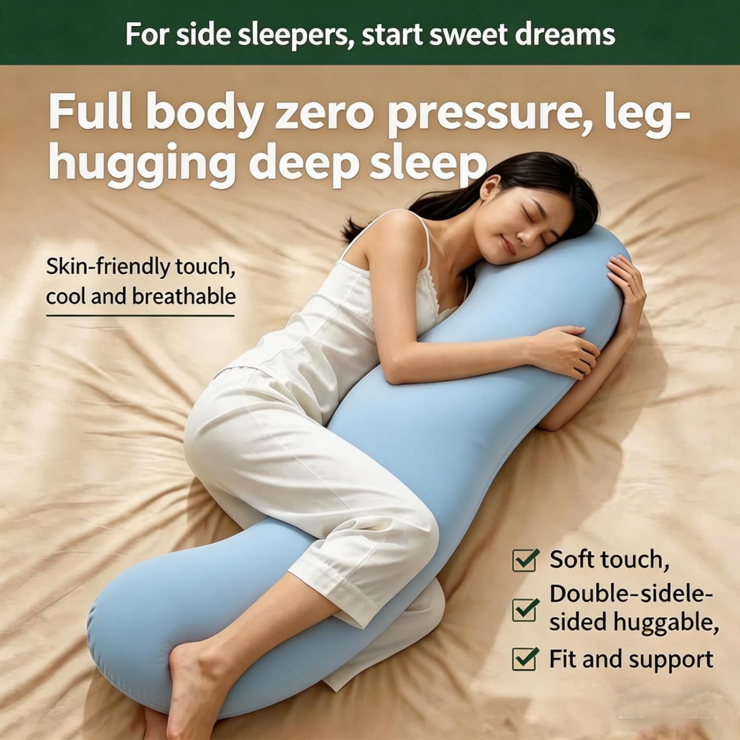 Body Pillow for Side Sleeper, Cooling Ergonomic Full Body Pillow with Double Curve Design for Hip, Knee, Leg & Back Support - Soft Breathabl