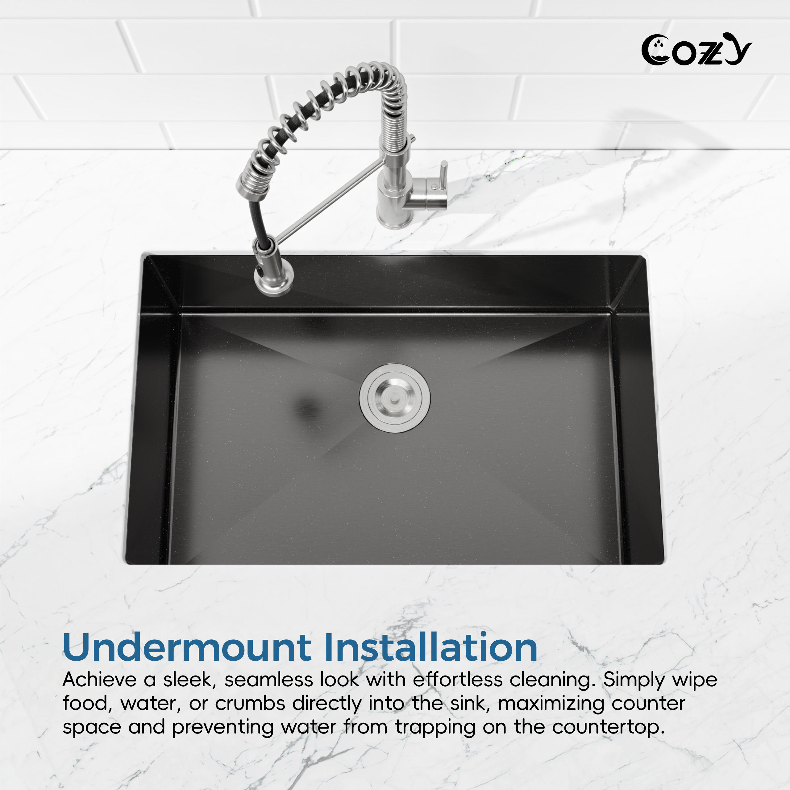 COZY 30″x19″ Stainless Steel Kitchen Sink, Single Bowl, Undermount Handmade Sink in Brushed Nickel, with US Standard Drain and Hook, SS-BL04D-301908