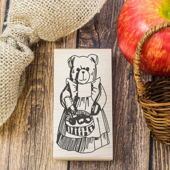 Country Bear with Basket County Stamp, Laser Engraved Craft Stamp on Wood Mounted Block, Size 1-3/4” x 1-3/4”, Made in USA