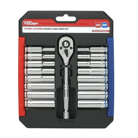 HYPER TOUGH 19-PIECE 1/4 INCH DRIVE DEEP RATCHET AND SOCKET SET (SAE AND MM)