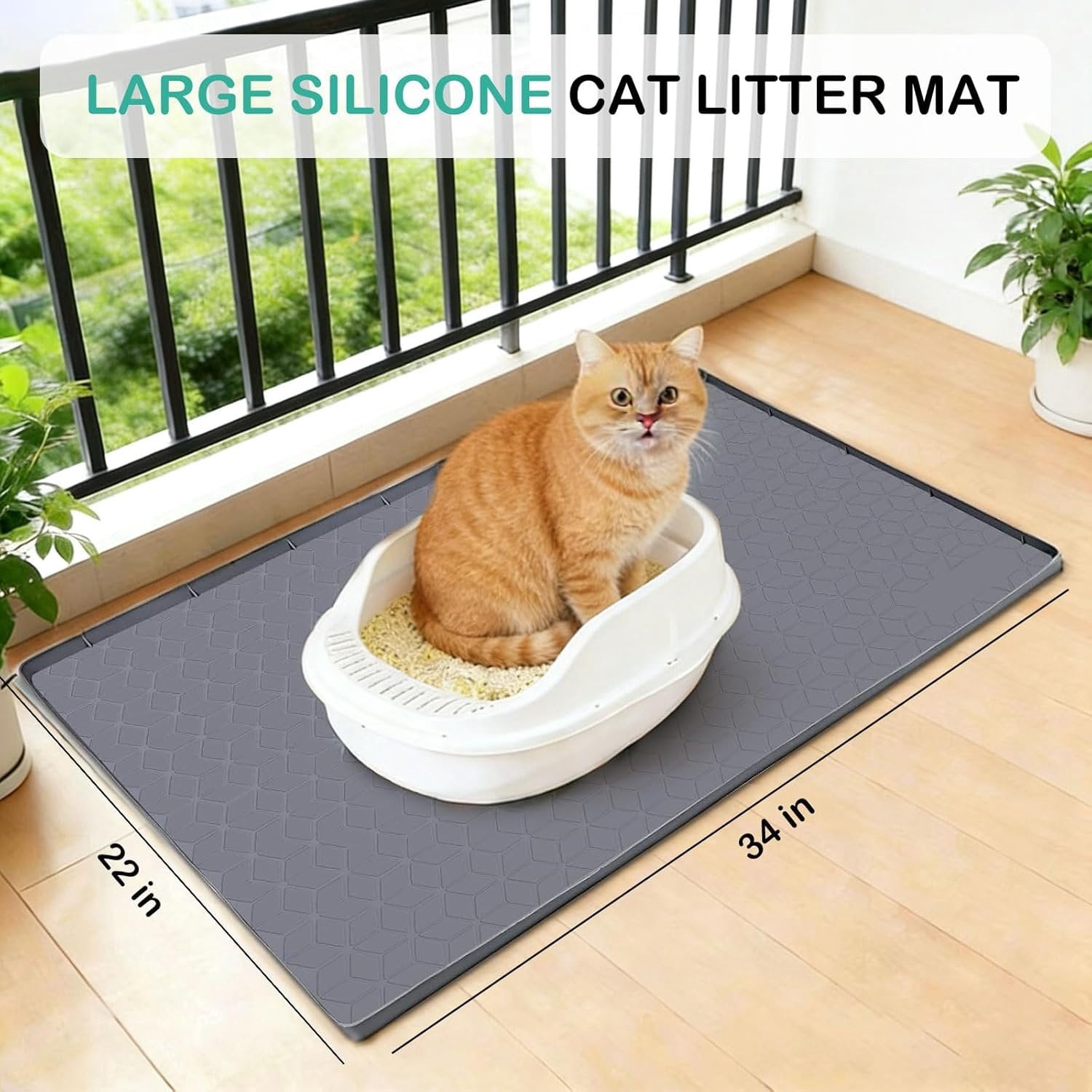 Litter Mat 34x22 Inch, Large  Litter Box Mat for Floor Protection,  & Non-Slip, Soft for  Paws, Easy to Clean, Leak-Proof Edge, Gray
