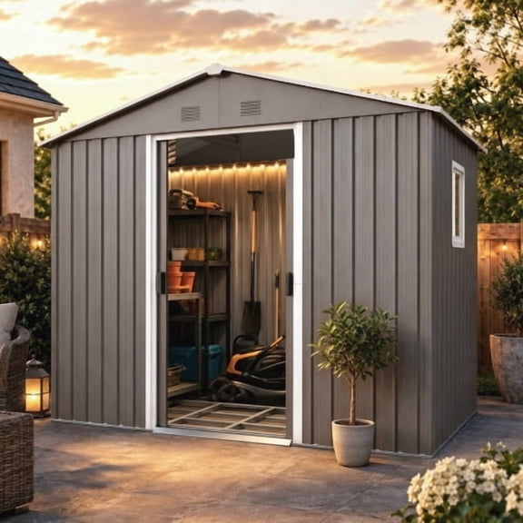 CarButler 8x4ft Metal Outdoor Storage Shed with Window and Lockable Sliding Doors for Garden Backyard Patio Lawn Gray