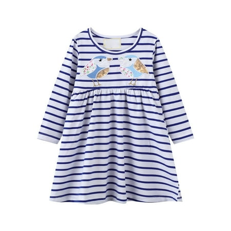 

XIEULQP Summer Dress Girls and Toddler s Long Sleeve Dress Stripes and Cute Bird Cartoon Appliques Print A Line Flared Skater Dress Cotton Dress Outfit Flower Girl Dress Blue