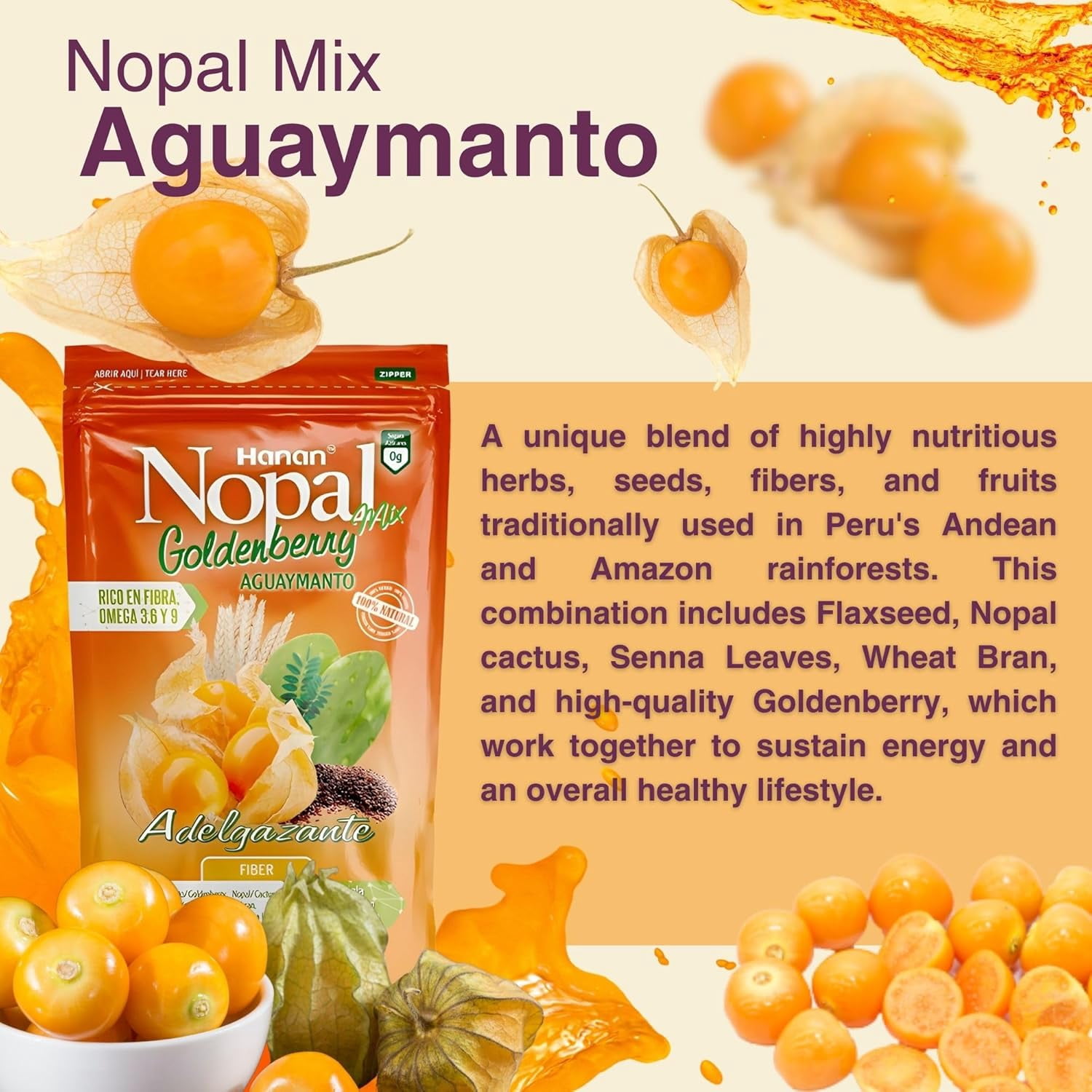Nopal Mix Aguaymanto 454g - 100% Natural High-Fiber Goldenberry Blend for Digestive Health, Vegan, Non-GMO, Gluten-Free, Keto from Peru (16oz)