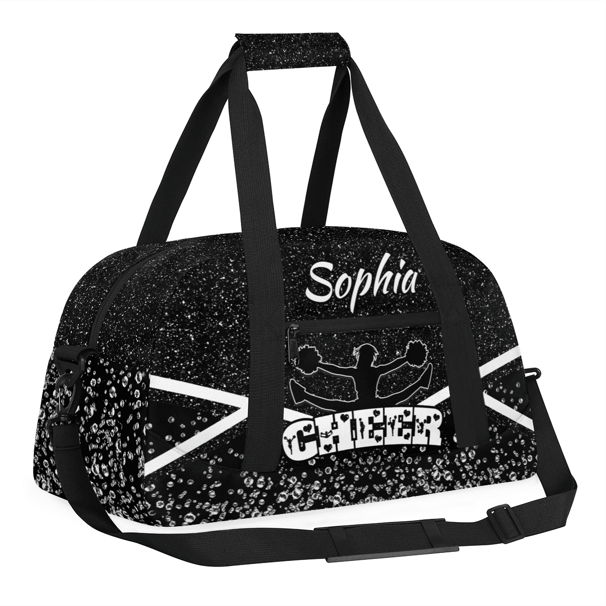 Jiaoprinted Personalized Cheerleader Bag Dance Bag, Custom Sport Gym Bag with Name, Customized Travel Duffel Bag for Cheer Team, Black Glitter