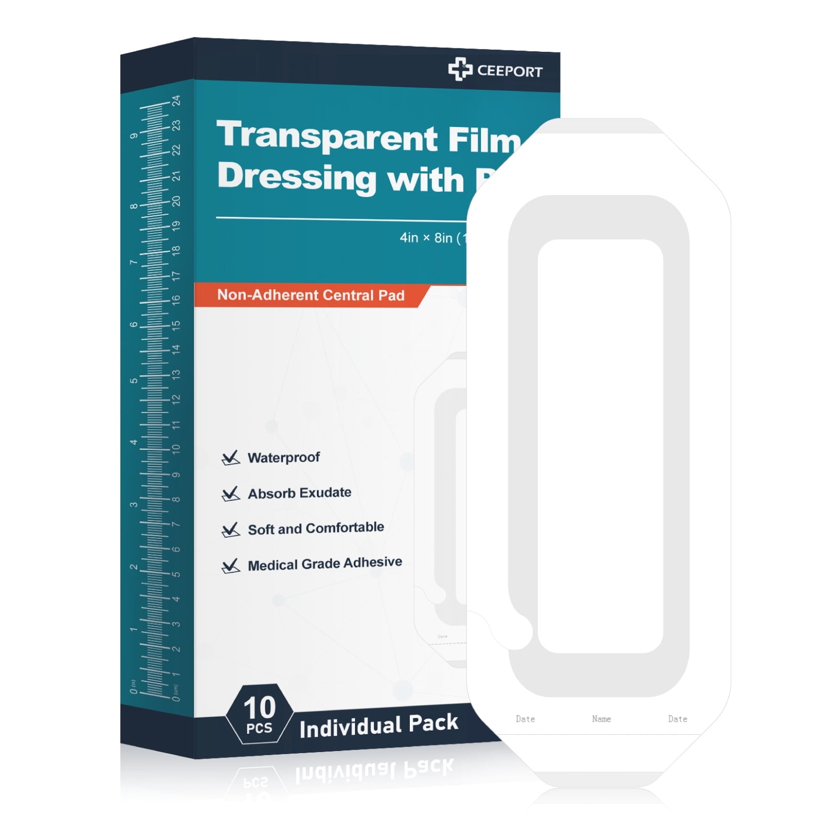 Ceeport Waterproof Transparent Film Dressing with Pad 10 Pack, 4"x8" Large Bandages Adhesive Patches, Wound Cove! Patches for Post Surgical, lV Shield, Tattoo Aftercare Bandage