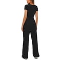 thumbnail image 4 of Two Piece Sets for Women Summer Casual Outfit Sets Solid Color Button Down Round Neck Short Sleeve Tops and Drawstring Wide Leg Pants with Pocket Sets Relaxed Vacation Wear, 4 of 8