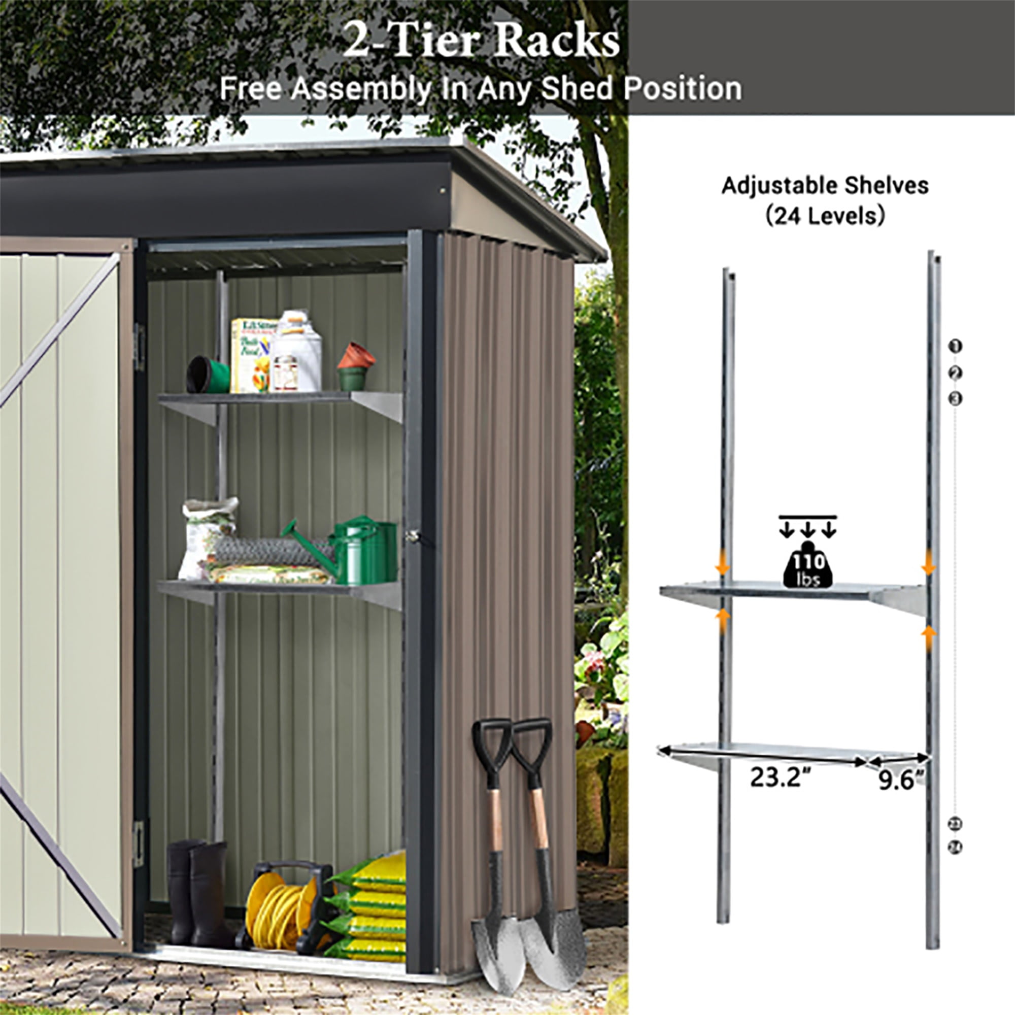 Kadyn Horizontal Outdoor Storage Shed Cabinet, Garden Shed, Metal Sloped Roof Storage Shed with Adjustable Shelves and Lockable Door for Trash Cans, Garden Tools and Yard Equipment, Brown