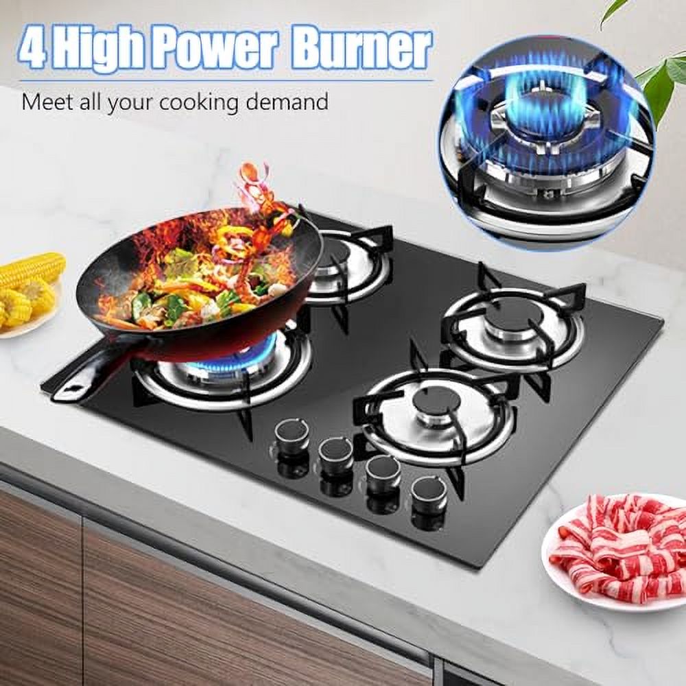 4 Burner Gas Cooktops, 23In Built in Kitchen Stove Top Gas Cooktop, 2800Pa Glass Cooktop, Gas Stoves, Kitchen Frying Equipment for Homes Kitchen/Restaurant Cook
