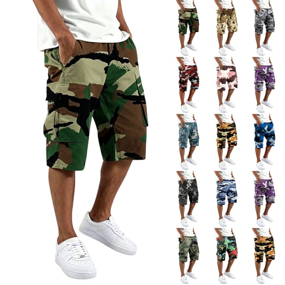 Awwp Men's Camo Cargo Shorts Lightweight Quick Dry Polyester Shorts Elastic Waist Casual Multi-Pocket Breathable Summer Outdoor Hiking Work Shorts Beige Size: L