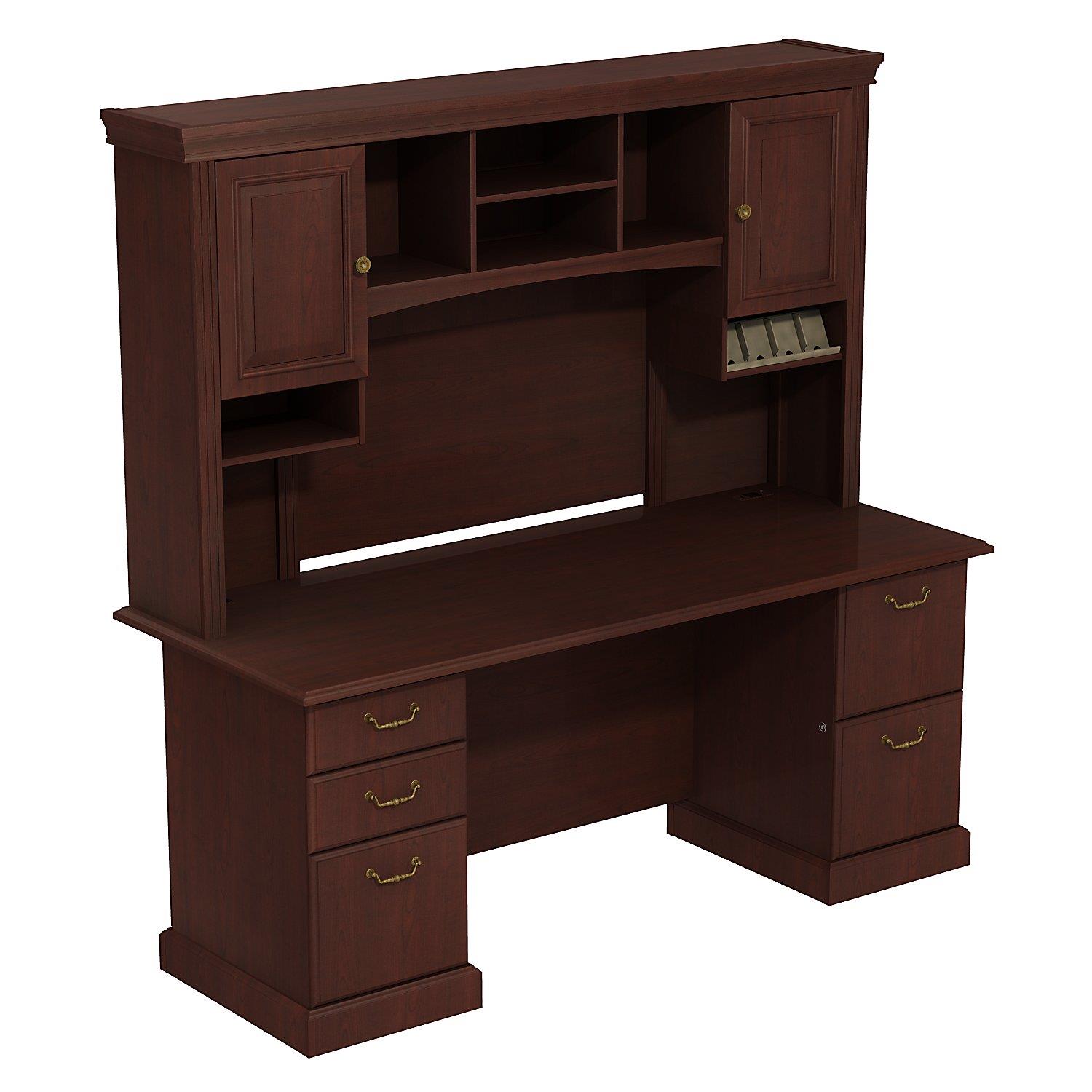 Bush Business Furniture Double Pedestal Desk With HutchFinishHarvest Cherry