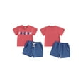 thumbnail image 3 of Aojekbee Baby Boys Shorts Set, Short Sleeve Embroidery Letters T-shirt with Elastic Waist Shorts Summer Outfit for 4th of July, 3 of 10
