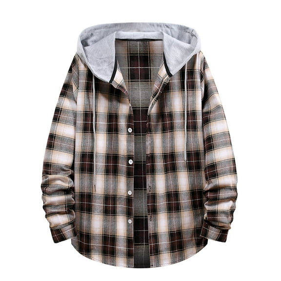 XFLWAM Men's Flannel Hoodie Plaid Shirts Jacket Casual Long Sleeve Button Down Lightweight Hooded Shirt Coffee S
