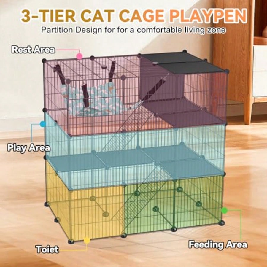 Cat Cage 3Tier DIY Cat Enclosures Catio Cat Playpen Indoor Outdoor With Hammock Detachable Metal Wire Kennel Cats Crate 2x3x3 Exercise Place For 13 Cats Kitten