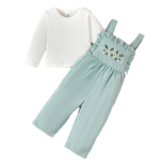 Kucnuzki 12 Months Baby Girl Winter Outfits Pants Sets 18 Months Long Sleeve Pure White Pull-Over Suspender Embroidered Overalls Pants 2PCS Set Green