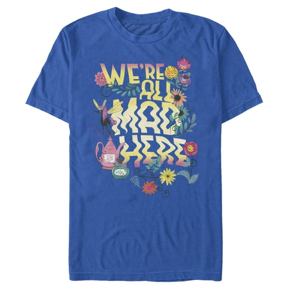 Men's Alice in Wonderland Floral We're All Mad Here Graphic Tee Royal Blue Medium