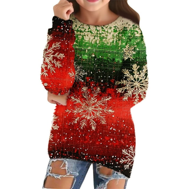 XXWXYD Chandail en Molleton Graphique de Noël pour Filles, Col Rond Manches Longues Chandail pour Automne Hiver Vacances, Chemise Décontractée de Noël avec Design Festif, Cadeau de Vacances 2023 pour Enfants