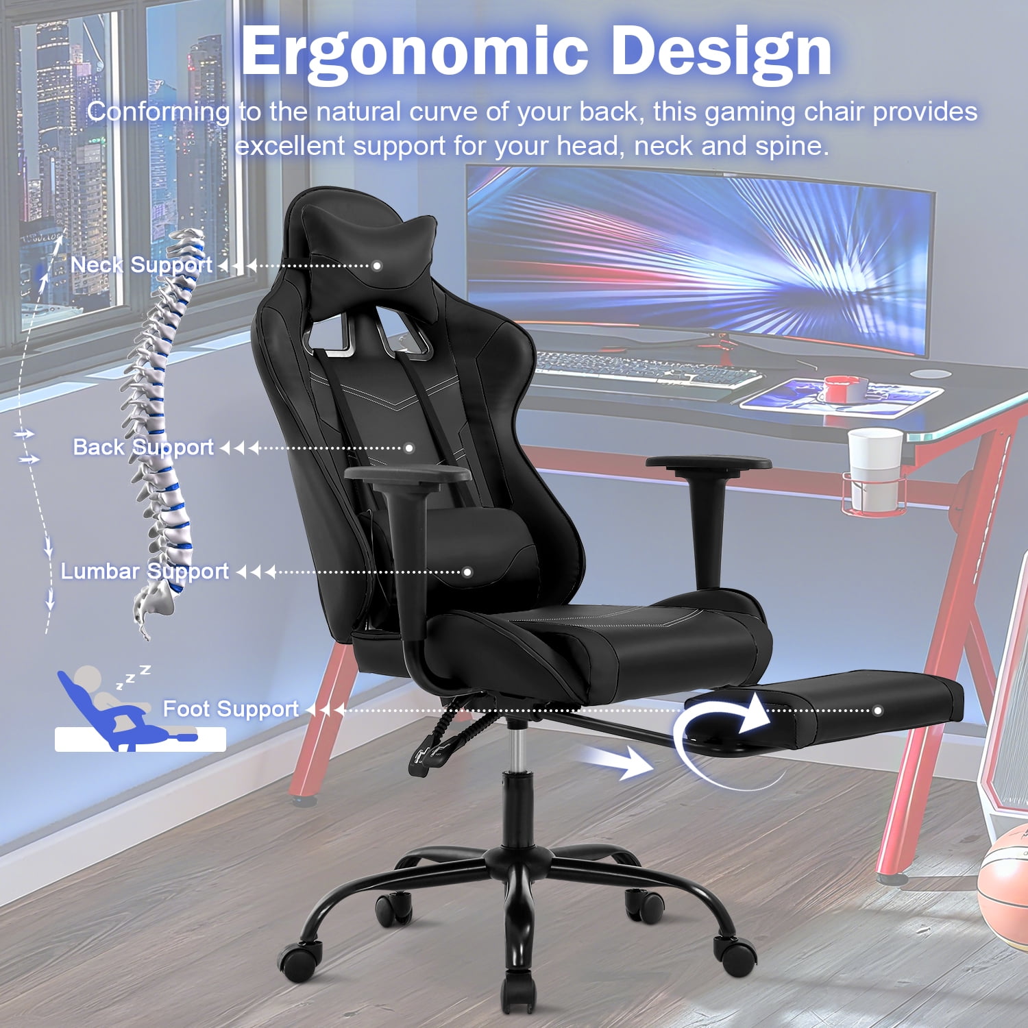 NiamVelo Gaming Chair with Footrest, Racing Style Gamer Chair for Adults&Teen, High Back Reclining Game Chair with Headrest and Lumbar Support, Computer Chair Desk Chair 250lb Capacity （Black）