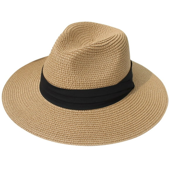 Lanzom Sombrero enrollable Panamá de paja de ala ancha para mujer Fedora Beach Sun Hat UPF50+