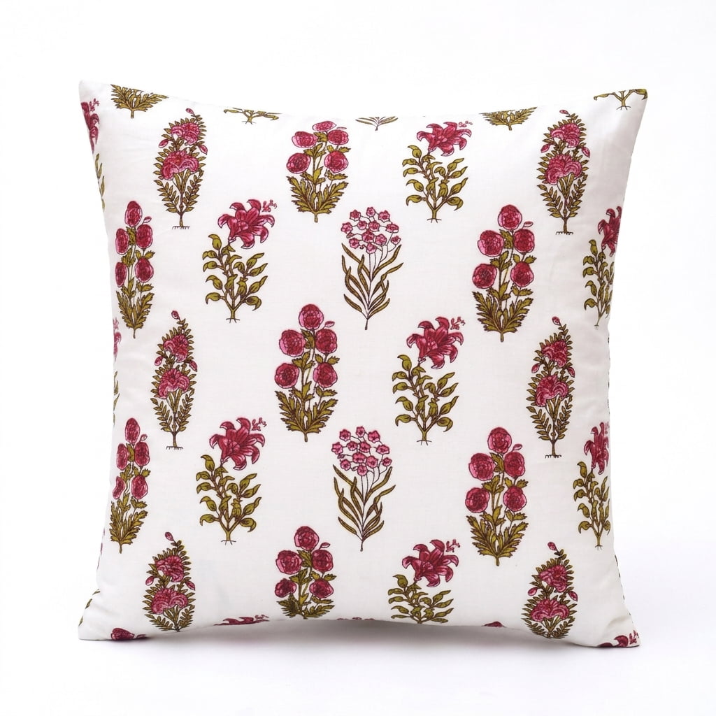 SHOPCREW Hand Block Printed Cotton Cushion Covers with Zipper Closure, Decorative Throw Pillow Covers for Sofa Couch Bed, 18x18 Inches, Pack of 4 - Wildflower Symphony