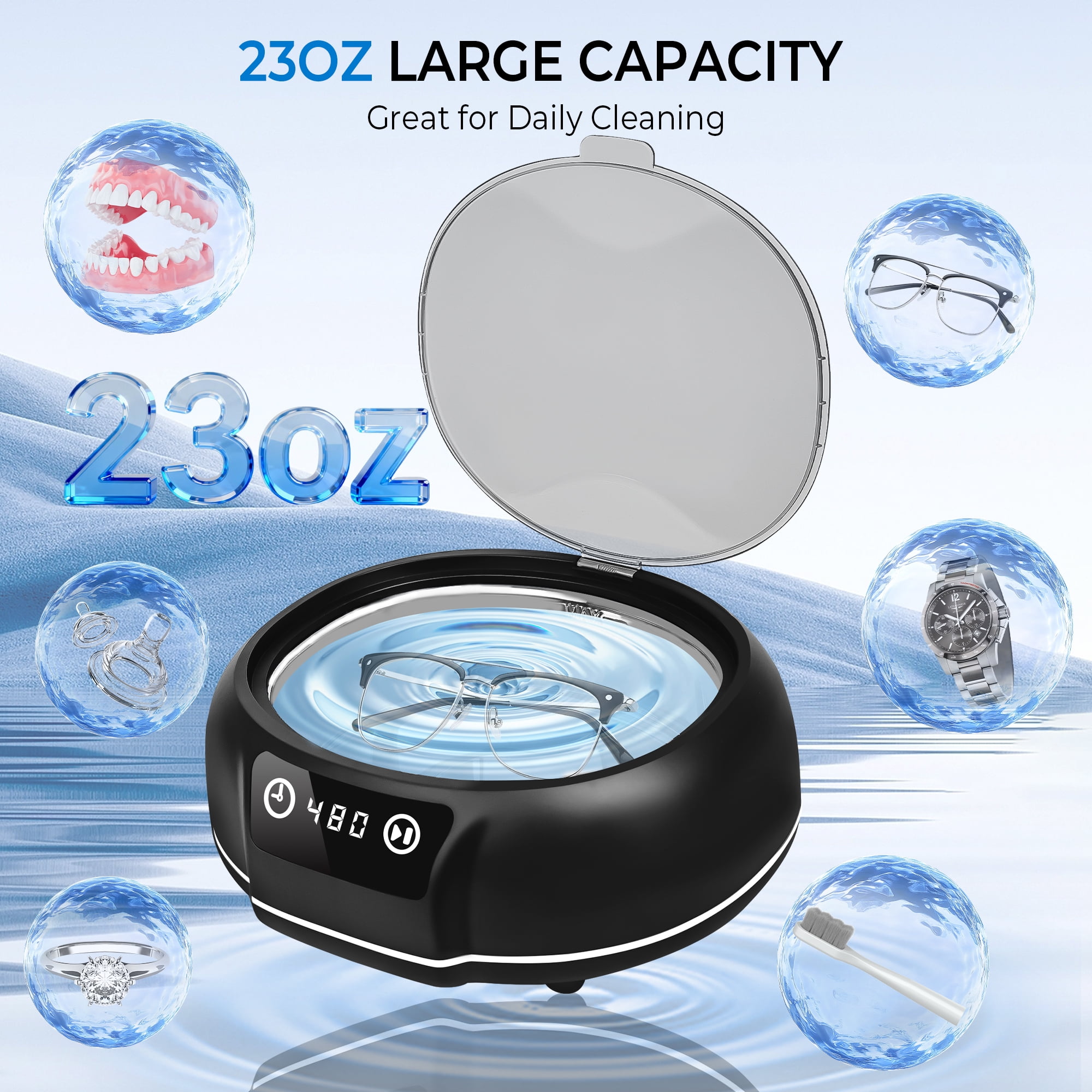 Bokyan Ultrasonic Jewelry Cleaner, 50 kHz Retainers Cleaner Machine 20 Oz Capacity with 304 Stainless Steel for Necklaces, Eyeglasses, Rings, Dentures, Black