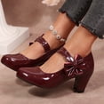 thumbnail image 4 of IEMIEMIEM Women's Bow Heels Sparkly Mary Jane Block Chunky Heel Comfortable Pumps Slip On Round Toe Low Heels Wedding Evening Party Dress Shoes Wine 7 Wide, 4 of 7