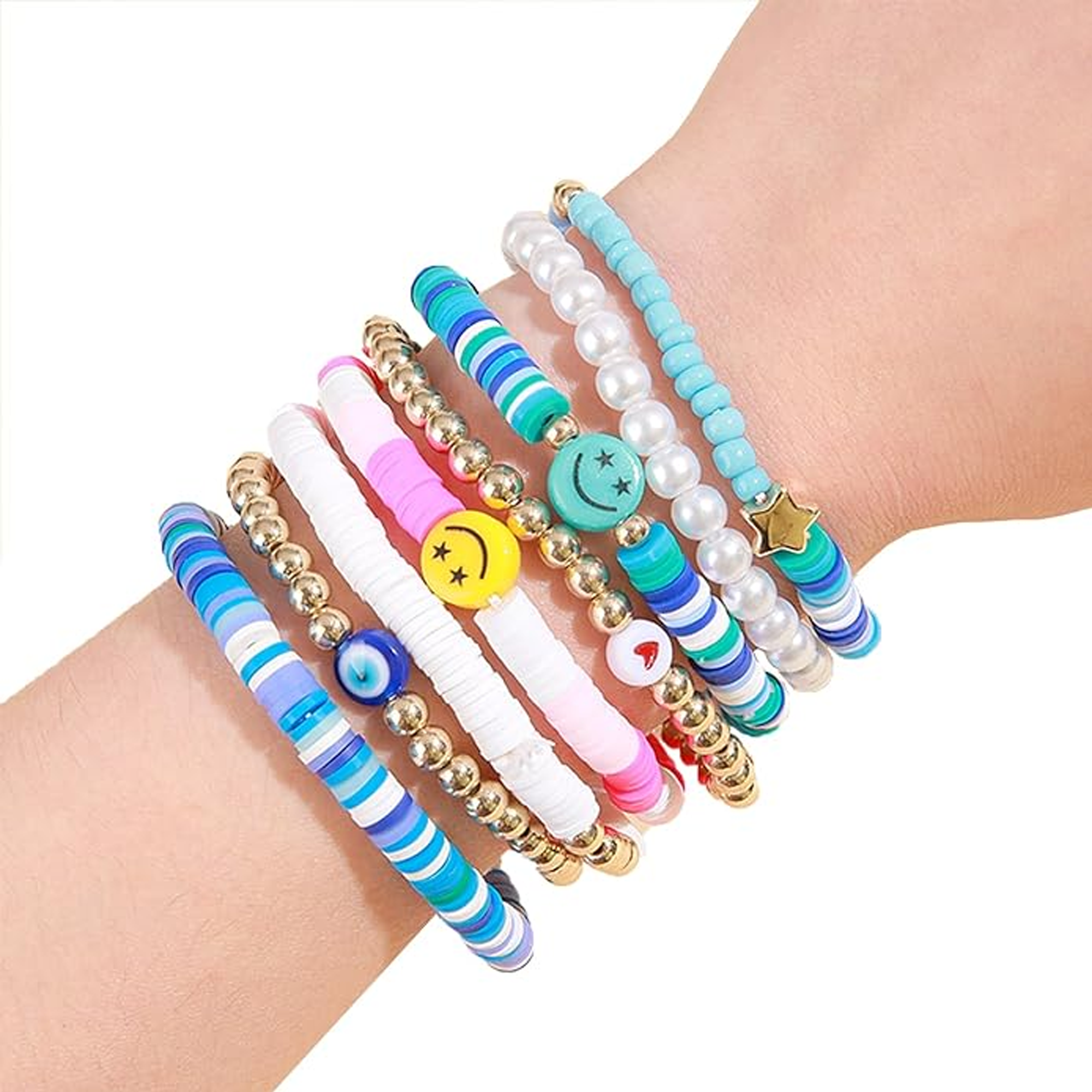 Beaded Stretch Bracelets for Women Colorful Clay Fruit Smiley Bead Bracelet  Rainbow Heishi Bracelet Set Stackable Pearl Y2K Bracelets Summer Beach  Accessory B 5PCS Smiley Face Bracelet