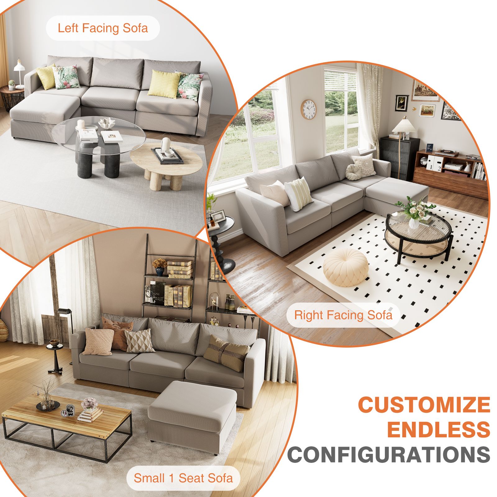 GIANNA Modern Sectional Sofa with 4 Seats 5 Backs, L-Shaped Sofa Set for Living Room, Grey