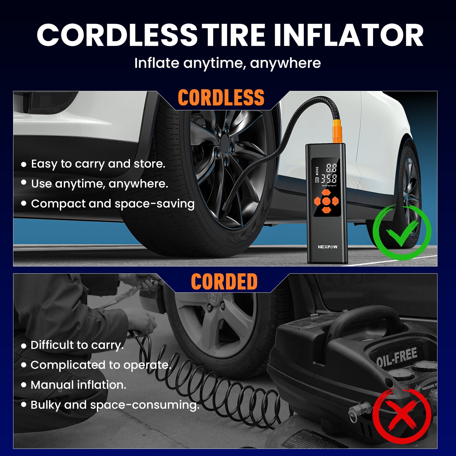 NEXPOW 150PSI Cordless Tire Inflator, 7500mAh Air Compressor with Dual-Screen Display & Auto Shut-Off, Portable Air Pump for Car/Motorcycle/Bike, USB Power Bank + LED Light, Black