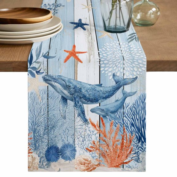 Coastal Whale Table Runner 90 Inches, Nautical Ocean Coral Blue Wooden Grain Bed Runner Dresser Scarves Tabletop for Indoor Outdoor Parties/Ceremony/Banquet, 13" x 90"