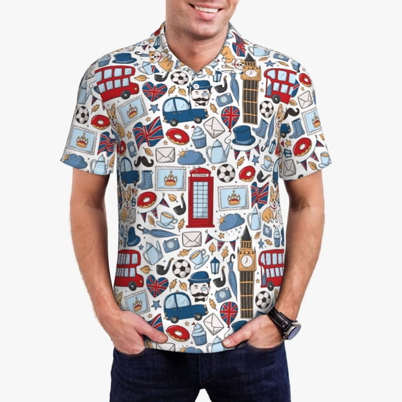 Vsdgher London Symbols1 Print Polo Shirts for Men, Men's Short Sleeve Stretch Polo Shirt, Shirts for Men-Medium