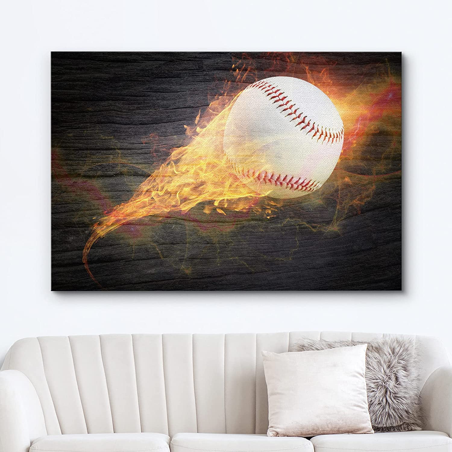 wall26 Canvas Print Wall Art Wood Panel Effect Blazing Fire Spark Baseball  Boys Room Decor Sports Fitness Photography Realism Decorative Scenic  Multicolor for Living Room, Bedroom, Office - 16"x 