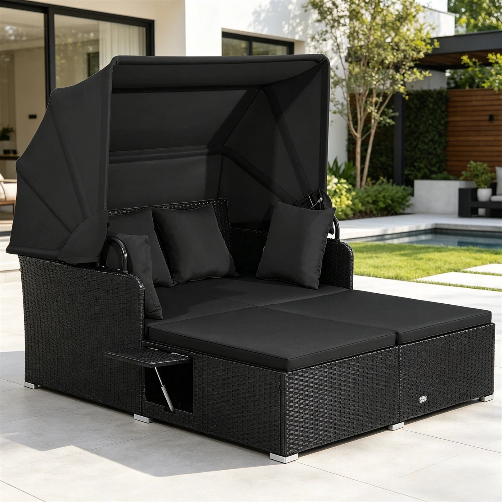 Hommoo Patio Rattan PE Wicker Daybed Lounge with Retractable Canopy and Side Tables, Black