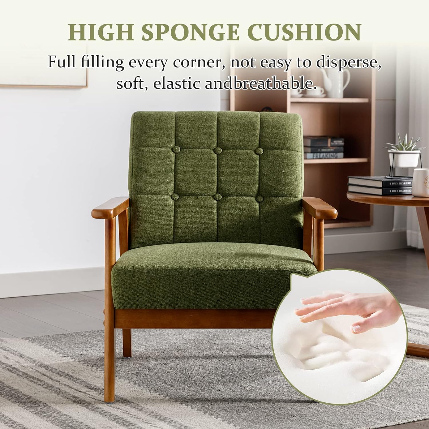 Holaki Mid Century Modern Arm Chair with Wood Frame,Linen Fabric Comfy Reading Chair,Accent Chair for Living Room Bedroom Reading,Easy Assembly,Green Linen