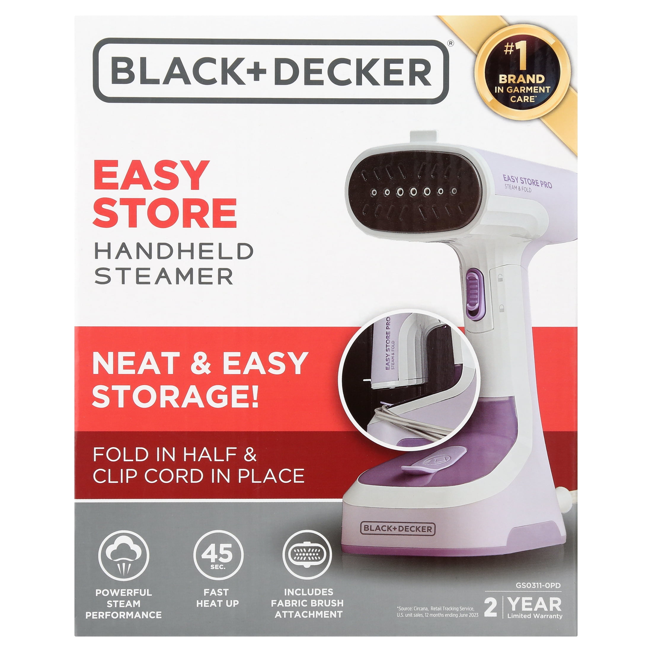 Black + Decker Easy Store Foldable Garment Steamer, Heated Metal Plate, 10ft Cord, 8 Min of Steam