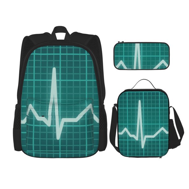 Easygdp ECG Wave Mochila para Niños y Niñas con Set de Caja de Almuerzo y Estuche para Lápices 3 en 1, Mochila Escolar Estampada para Adolescentes